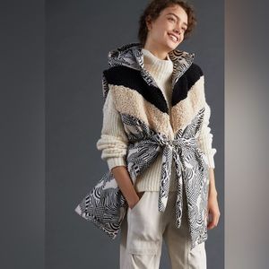 FARM Rio x Anthropologie Lively puffer vest hooded belted zebra sherpa